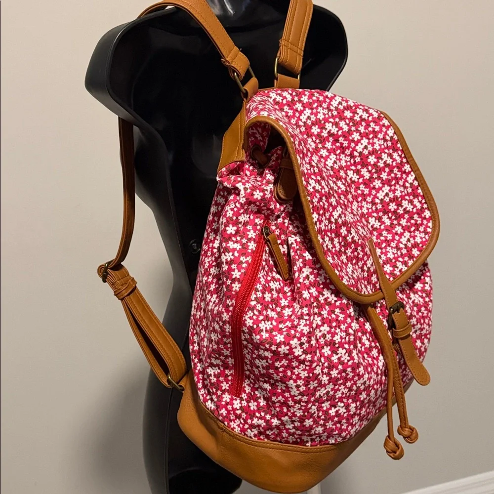 Madden Girl Red Floral Canvas Backpack with Tan Trim